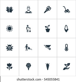Set Of 16 Simple Garden Icons. Can Be Found Such Elements As Beetle, Horticultural Gauntlet, Rescue Nature And Other.