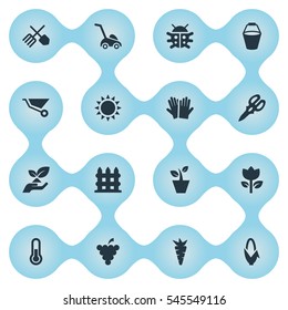 Set Of 16 Simple Garden Icons. Can Be Found Such Elements As Flowerpot, Shear, Horticulture Equipment And Other.