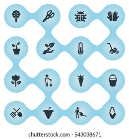 Set Of 16 Simple Gardening Icons. Can Be Found Such Elements As Apple Timber, Grass Cutting Machine, Plougher And Other.