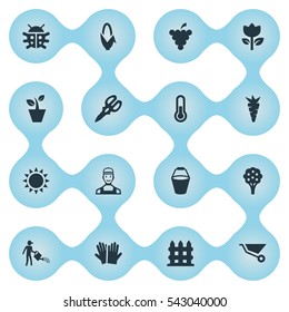 Set Of 16 Simple Gardening Icons. Can Be Found Such Elements As Parapet, Apple Timber, Shear And Other.