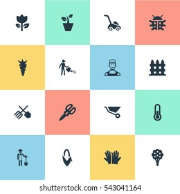 Set Of 16 Simple Gardening Icons. Can Be Found Such Elements As Wheelbarrow, Temperature, Grass Cutting Machine And Other.