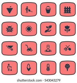 Set Of 16 Simple Gardening Icons. Can Be Found Such Elements As Horticulture Equipment, Plougher, Maize And Other.