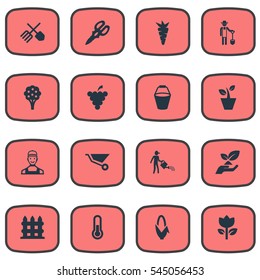 Set Of 16 Simple Gardening Icons. Can Be Found Such Elements As Horticulture Equipment, Apple Timber, Parapet And Other.