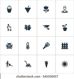 Set Of 16 Simple Gardening Icons. Can Be Found Such Elements As Root, Wheelbarrow, Plougher And Other.