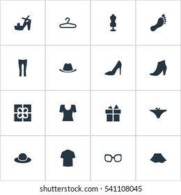 Set Of 16 Simple Garments Icons. Can Be Found Such Elements As Present, Barefoot, Footwear And Other.