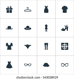 Set Of 16 Simple Garments Icons. Can Be Found Such Elements As Rack, T-Shirt, Eyeglasses And Other.