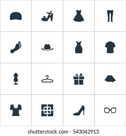Set Of 16 Simple Garments Icons. Can Be Found Such Elements As Cap, Attire, Present And Other.