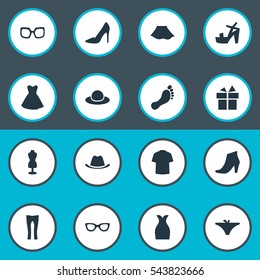 Set Of 16 Simple Garments Icons. Can Be Found Such Elements As Barefoot, Head Accessory, Attire And Other.