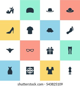 Set Of 16 Simple Garments Icons. Can Be Found Such Elements As Footwear, Footwear, Present And Other.