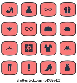 Set Of 16 Simple Garments Icons. Can Be Found Such Elements As Rack, Glasses, Attire And Other.