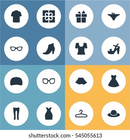 Set Of 16 Simple Garments Icons. Can Be Found Such Elements As Footwear, Man Clothing, Panties And Other.