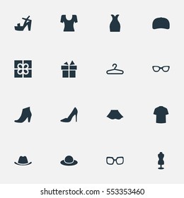 Set Of 16 Simple Garments Icons. Can Be Found Such Elements As Head Accessory, Cap, Present And Other.