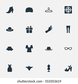 Set Of 16 Simple Garments Icons. Can Be Found Such Elements As Rack, Mannequin, T-Shirt And Other.