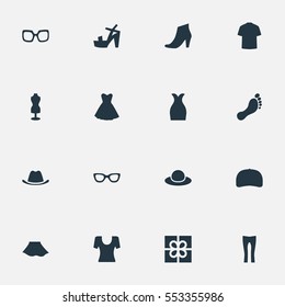 Set Of 16 Simple Garments Icons. Can Be Found Such Elements As Head Accessory, T-Shirt, Elegant Headgear And Other.