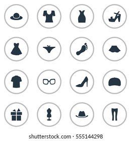 Set Of 16 Simple Garments Icons. Can Be Found Such Elements As Footwear, Footwear, Female Cloth And Other.