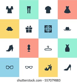 Set Of 16 Simple Garments Icons. Can Be Found Such Elements As Attire, Eyeglasses, Present And Other.