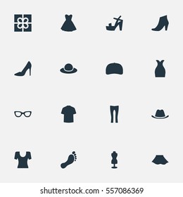 Set Of 16 Simple Garments Icons. Can Be Found Such Elements As Attire, Elegant Headgear, Man Clothing And Other.