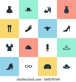 Set Of 16 Simple Garments Icons. Can Be Found Such Elements As Footwear, Cap, Mannequin And Other.