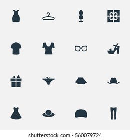Set Of 16 Simple Garments Icons. Can Be Found Such Elements As Man Clothing, Mannequin, Head Accessory And Other.