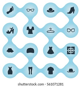 Set Of 16 Simple Garments Icons. Can Be Found Such Elements As Elegant Headgear, Pants, Glasses And Other.