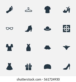 Set Of 16 Simple Garments Icons. Can Be Found Such Elements As Panties, Present, Footwear And Other.