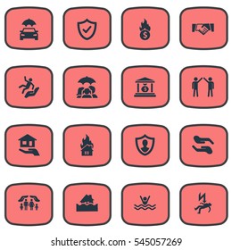 Set Of 16 Simple Guarantee Icons. Can Be Found Such Elements As Heat, Protect Yourself, Automobile Fuse And Other.