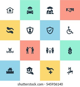Set Of 16 Simple Guarantee Icons. Can Be Found Such Elements As Medical Attendance, Bankroll Fuse, Contract And Other.