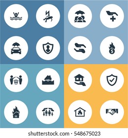 Set Of 16 Simple Guarantee Icons. Can Be Found Such Elements As Electric Shock  Jeopardy, Medical Attendance, Contract And Other.
