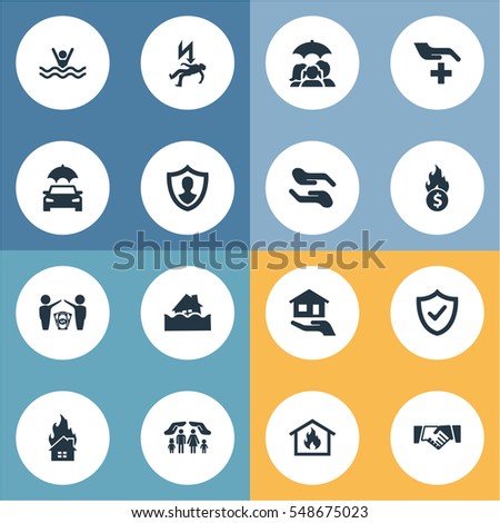 Set Of 16 Simple Guarantee Icons. Can Be Found Such Elements As Electric Shock  Jeopardy, Medical Attendance, Contract And Other.