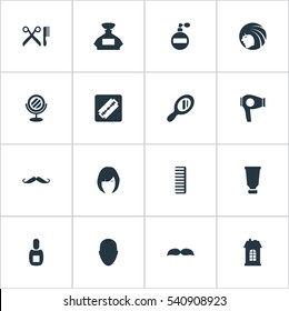 Set Of 16 Simple Hairdresser Icons. Can Be Found Such Elements As Beard, Flask, Whiskers And Other.