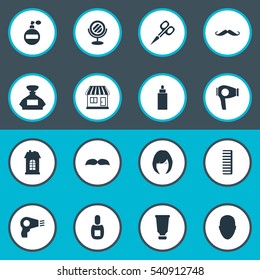 Set Of 16 Simple Hairdresser Icons. Can Be Found Such Elements As Premises, Aroma, Container And Other.