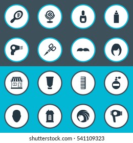 Set Of 16 Simple Hairdresser Icons. Can Be Found Such Elements As Blow Dryer, Flask, Bottle And Other.