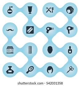 Set Of 16 Simple Hairdresser Icons. Can Be Found Such Elements As Flask, Bottle, Blow Dryer And Other.