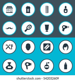 Set Of 16 Simple Hairdresser Icons. Can Be Found Such Elements As Container, Scent, Hair And Other.