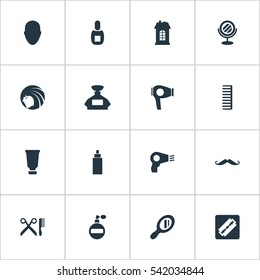 Set Of 16 Simple Hairdresser Icons. Can Be Found Such Elements As Human, Flask, Whiskers And Other.