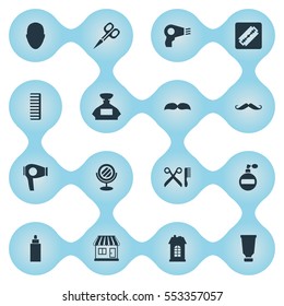 Set Of 16 Simple Hairdresser Icons. Can Be Found Such Elements As Cut Tool, Container, Shaver And Other.
