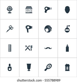 Set Of 16 Simple Hairdresser Icons. Can Be Found Such Elements As Barber Tools, Premises, Container And Other.