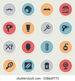 Set Of 16 Simple Hairdresser Icons. Can Be Found Such Elements As Blow Dryer, Premises, Aroma And Other.