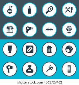 Set Of 16 Simple Hairdresser Icons. Can Be Found Such Elements As Blow Dryer, Peeper, Aroma And Other.