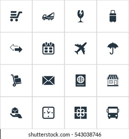 Set Of 16 Simple Handing Icons. Can Be Found Such Elements As Mall, Passport, Airline And Other.