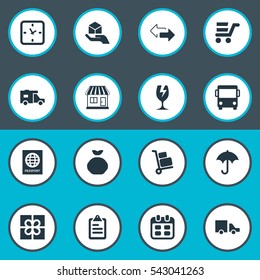 Set Of 16 Simple Handing Icons. Can Be Found Such Elements As Van, Luggage Bearer, Caravan And Other.