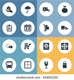 Set Of 16 Simple Handing Icons. Can Be Found Such Elements As Luggage Bearer, Packaging, Minutes And Other.