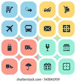 Set Of 16 Simple Handing Icons. Can Be Found Such Elements As Luggage Bearer, Envelope, Van And Other.