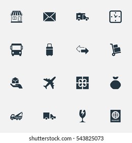 Set Of 16 Simple Handing Icons. Can Be Found Such Elements As Luggage Bearer, Van, Autobus And Other.