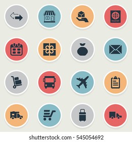 Set Of 16 Simple Handing Icons. Can Be Found Such Elements As Opposite Directions, Trip Luggage, Autobus And Other.