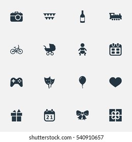 Set Of 16 Simple Holiday Icons. Can Be Found Such Elements As Aerostat, Ribbon, Beverage And Other.