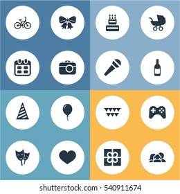 Set Of 16 Simple Holiday Icons. Can Be Found Such Elements As Camera, Box, Baby Carriage And Other.