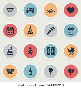 Set Of 16 Simple Holiday Icons. Can Be Found Such Elements As Special Day, Cap, Aerostat And Other.