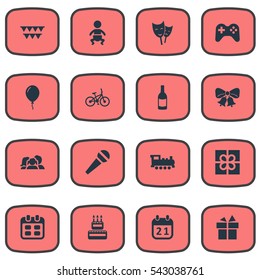 Set Of 16 Simple Holiday Icons. Can Be Found Such Elements As Aerostat, Train, Game And Other.