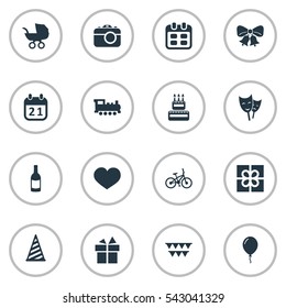 Set Of 16 Simple Holiday Icons. Can Be Found Such Elements As Train, Days, Decorations; And Other.